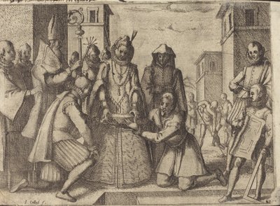 La Reina Colocando la Primera Piedra para la Iglesia de las Clarisas Pobres en España [verso] de Jacques Callot