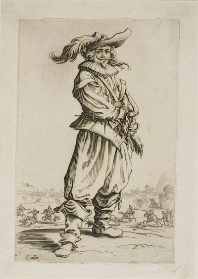 El soldado con sombrero emplumado, placa tres de La Noblesse de Jacques Callot