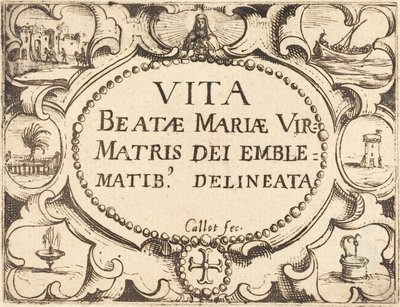 Página de título para "La vida de la Virgen en emblemas" de Jacques Callot