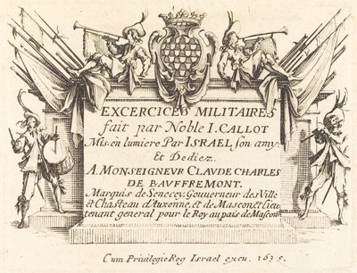 Página de título para "Los ejercicios militares" de Jacques Callot