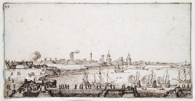Vista del puerto de La Rochelle con galeones disparando una salva de Jacques Callot