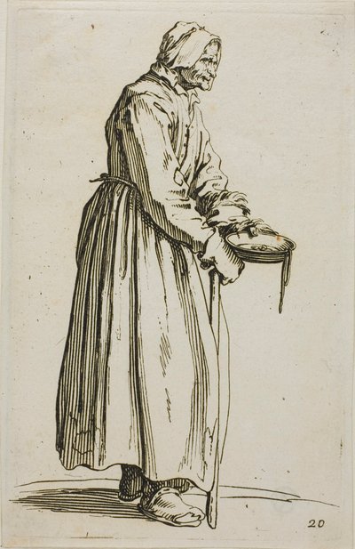 Mujer mendiga sosteniendo limosnas, lámina 20 de Los mendigos de Jacques Callot