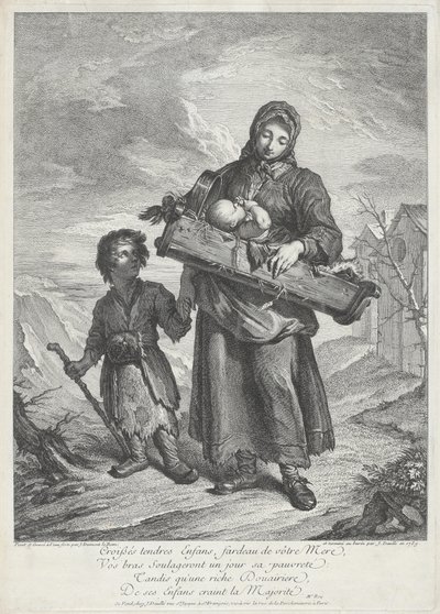 Una joven madre llevando una cuna de Jacques Dumont Le Romain, finished by Jean Daullé