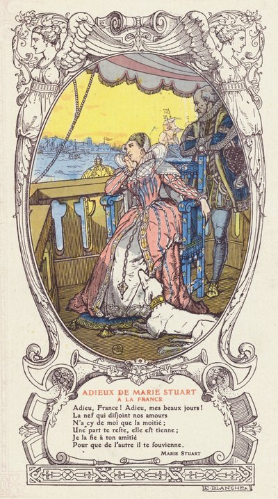 María, Reina de Escocia, despidiéndose de Francia y regresando a Escocia tras la muerte de su esposo, el Rey Francisco II de Francia de Jacques Emile (after) Blanche