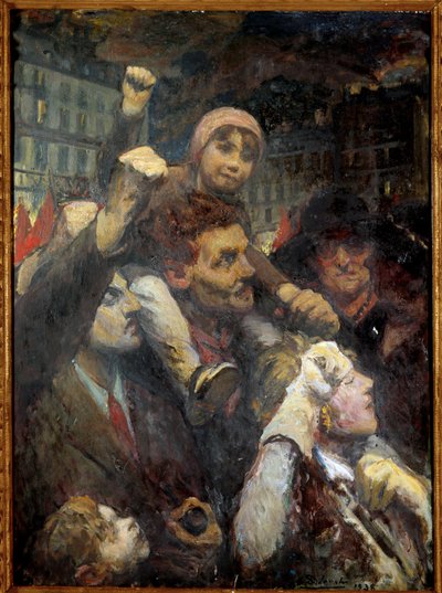 Frente Popular: Manifestación Popular en París en 1938. Parisinos de todas las edades levantando el puño como signo de compromiso político de izquierda en las calles de París de Jacques Emile Blanche