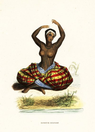 Mujer joven tatuada y con el pecho desnudo bailando una hula mientras está sentada en el suelo de Jacques Etienne Victor (after) Arago