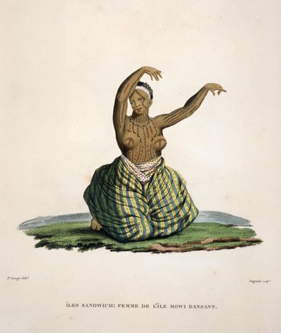 Mujer bailando de la isla de Maui, en las Islas Hawaianas, grabado por Parfait Augrand (n.1782) de Jacques Etienne Victor Arago