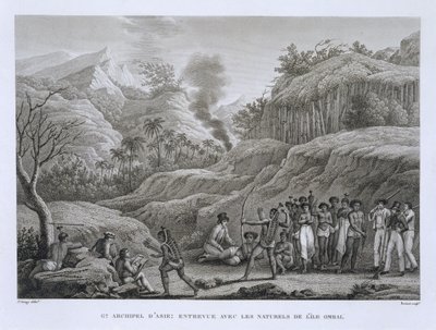 Gran Archipiélago Asiático: exploradores franceses con nativos en la Isla de Ombai, del Voyage Autour du Monde (1817-20), por Louis Claude Desaulses de Freycinet (1779-1842) grabado por Bovinet, publicado de Jacques Etienne Victor Arago