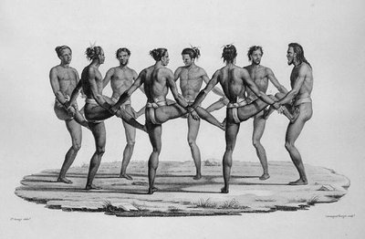 Danza Nativa en las Islas Carolinas, de Viaje Alrededor del Mundo en las Corbetas de la Uranie 1817-20 grabado por Lerouge y Forget, publicado 1825 de Jacques Etienne Victor after Arago