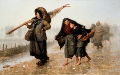 Las mariscadoras. Campesinas, descalzas o con zuecos, regresan a casa con sus cestas llenas de conchas y protegiéndose de la lluvia. Pintura de Jacques Eugene Feyen (1815-1908). Óleo sobre lienzo. Colección privada. de Jacques Eugene Feyen
