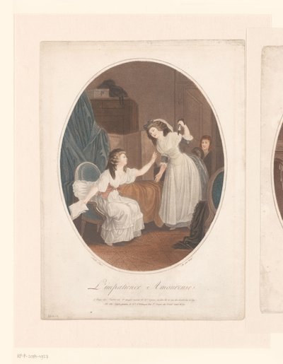 Interior con dos elegantes damas, en la puerta un niño
L