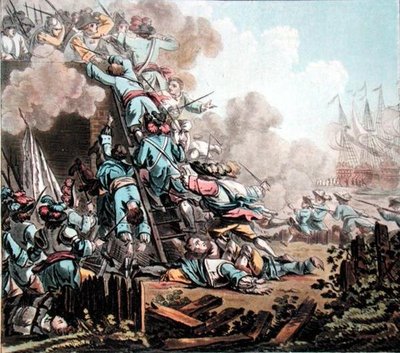 Captura del Fuerte de San Salvador, Sicilia (1674), grabado por Jean Baptiste Morret (fl.1790-1820) de Jacques Francois Joseph (after) Swebach