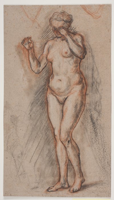 Figura femenina modelo con los brazos levantados, el izquierdo frente a los ojos de Jacques Francois Joseph Saly