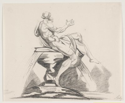 Figura masculina barbada con vestiduras vista desde atrás en una fuente de Jacques Francois Joseph Saly