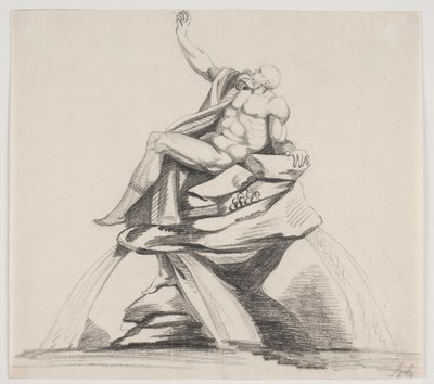 Figura masculina barbuda con vestiduras vista de perfil en una fuente de Jacques Francois Joseph Saly