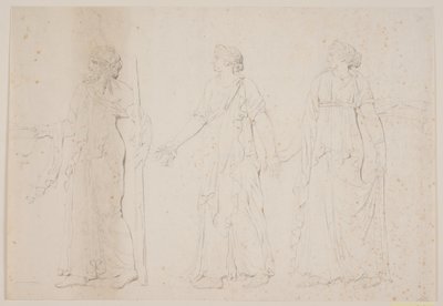 ¿Ofrenda? Tres figuras caminando en vestimentas griegas. Al frente un hombre llevando una ánfora y un bastón o antorcha, seguido de dos mujeres de Jacques Francois Joseph Saly