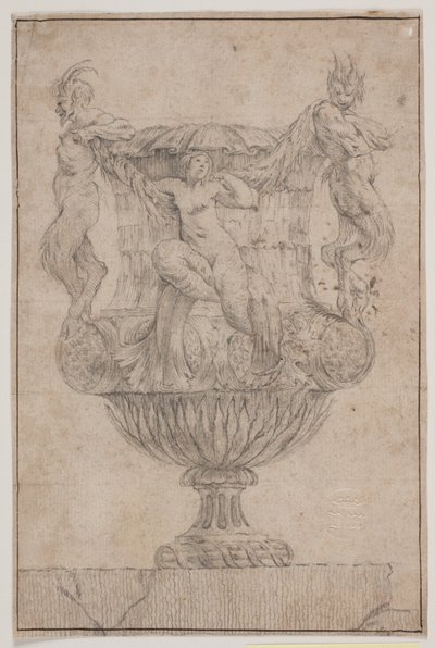 Jarrón decorativo con Pan, fauno y ninfa. Copia de la Pl. 14 en la suite de los jarrones diseñados por Saly en 1746. "Vasa a se inventa..." de Jacques Francois Joseph Saly
