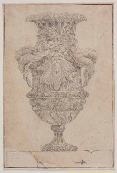 Jarrón decorativo con gran cabeza, dios del mar y ninfa del agua. Copia de la Pl. 26 en la suite de los jarrones dibujados por Saly en 1746. "Vasa a se inventa..." de Jacques Francois Joseph Saly