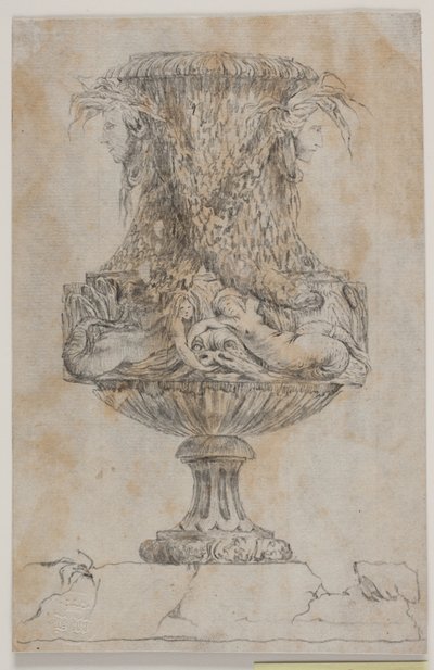Prydvase med to hoveder og to vandnymfer. Kopi efter Pl. 20 i suiten af de i 1746 af Saly tegnede vaser. "Vasa a se inventa..." de Jacques Francois Joseph Saly