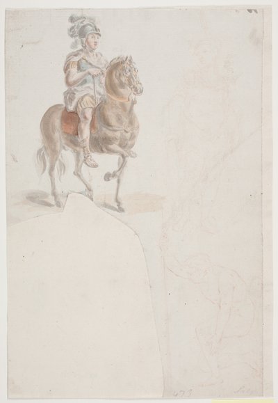 Jinete en traje romano con casco adornado con plumas. Además, dos bocetos débiles en tiza roja de hombres de pie y medio arrodillados. de Jacques Francois Joseph Saly