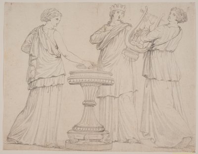 Tres mujeres en vestiduras griegas junto a un altar. La mujer a la izquierda con una tabla (?), en el centro con una corona, a la derecha con una lira (¿terpsícore?) de Jacques Francois Joseph Saly