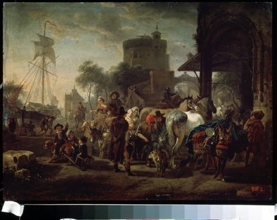 La feria del caballo (Una feria de caballos). Pintura de Jacques-Francois (Jacques Francois) Joseph Swebach (1769-1823). Óleo sobre lienzo, 24 x 42 cm de Jacques Francois Joseph Swebach