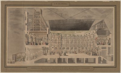 Sección transversal del Hôtel de Ville visto en perspectiva que muestra la decoración e iluminación del patio y las habitaciones creadas con motivo del baile ofrecido la noche del 30 y 31 de agosto de 1739 de Jacques François Blondel