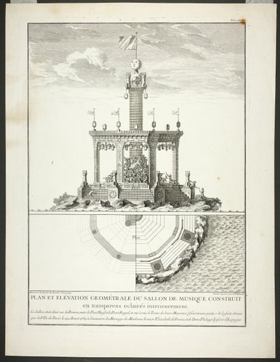 Plano y alzado de una sala de música, lámina tres de Description des Festes Données par la Ville de Paris de Jacques François Blondel