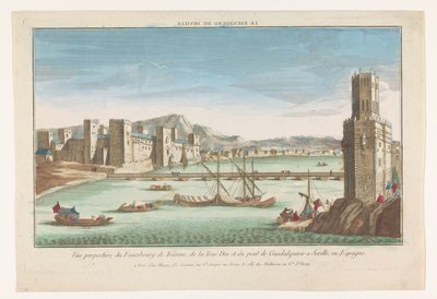 Vista del barrio de Triana, un puente sobre el río Guadalquivir y la Torre del Oro en Sevilla Le fauxbourg de Sevilla (título sobre objeto) de Jacques Gabriel Huquier
