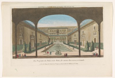 Vista de un patio con fuentes de la Alhambra de Granada Les bains des enciens rois Mores, una granada (título sobre objeto) de Jacques Gabriel Huquier