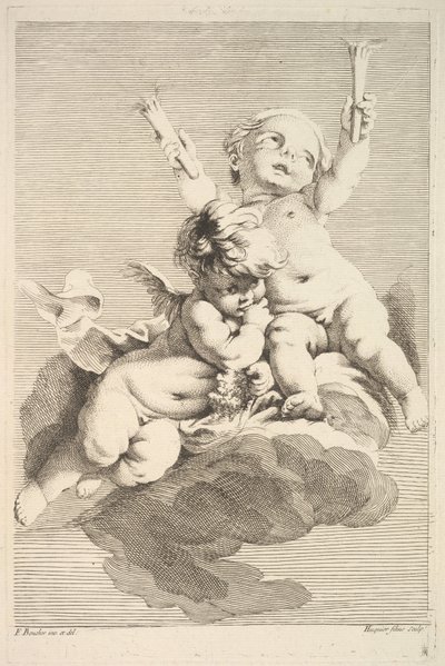 Dos cupidos, uno sosteniendo antorchas de Jacques Gabriel Huquier