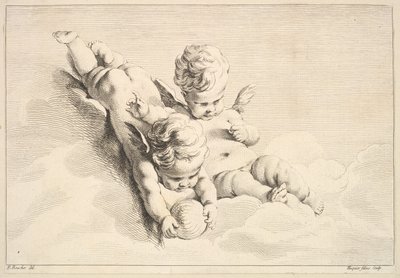 Dos cupidos, uno sosteniendo una pelota, mediados a finales del siglo XVIII de Jacques Gabriel Huquier