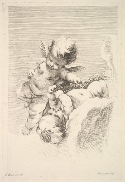 Dos cupidos, uno sosteniendo una corona, mediados a finales del siglo XVIII de Jacques Gabriel Huquier