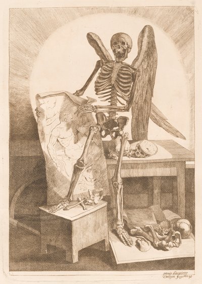 Un esqueleto alado sosteniendo un dibujo anatómico de Jacques Gamelin