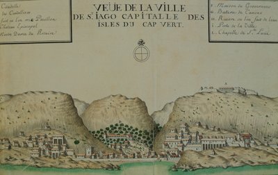 La ciudad de Saint Jago (Santiago) en Cabo Verde, acuarela del cuaderno de bitácora de Jacques Gouin de Beauchesne, capitán de barco en los Mares del Sur de 1698 a 1701. de Jacques Gouin de Beauchesne