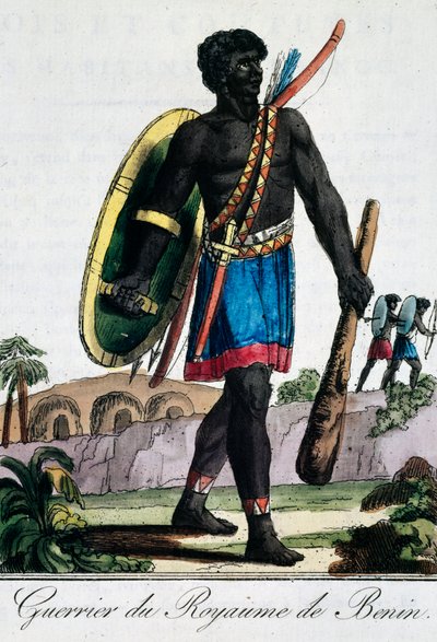 Guerrero de Benín, África, grabado de la enciclopedia de viajes de Jacques Grasset de Saint Sauveur