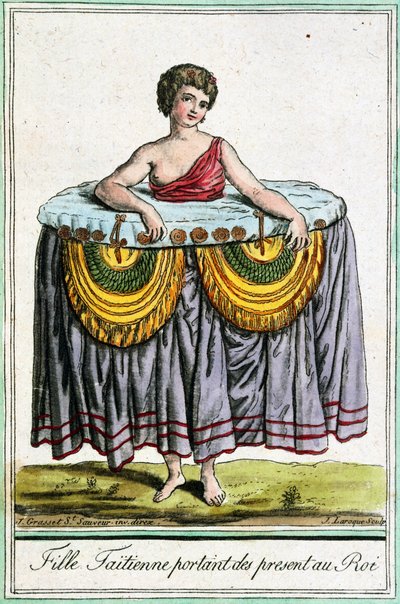 Joven mujer ofrece regalos al rey, Tahití, Islas de la Sociedad, grabado de la Enciclopedia de viajes, por Jacques Grasset de Saint-Sauveur (1757-1810) de Jacques Grasset de Saint Sauveur