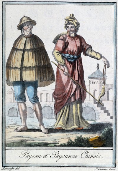 Campesino y campesina chinos - en “Encyclopedia of Travels” de Grasset St Sauveur, ed. 1796 de Jacques Grasset de Saint Sauveur
