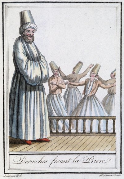 Derviches rezando (Derviches danzantes) - en Encyclopédie des voyages por Grasset Saint Sauveur, ed. París 1796 de Jacques Grasset de Saint Sauveur