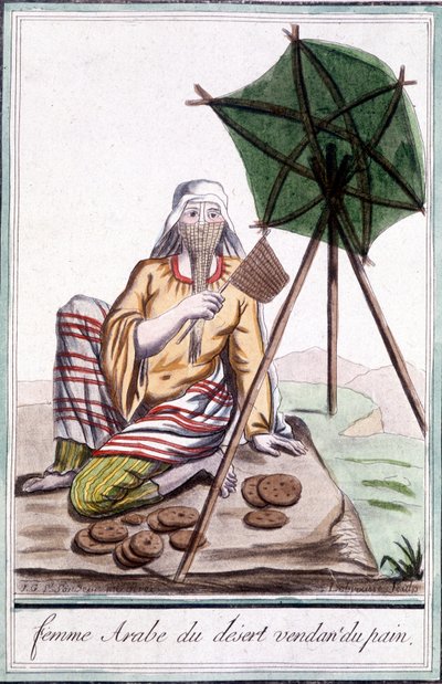 Mujer árabe del desierto vendiendo pan - en "Encyclopedia of Travels" de Grasset St Sauveur, ed. 1796 de Jacques Grasset de Saint Sauveur