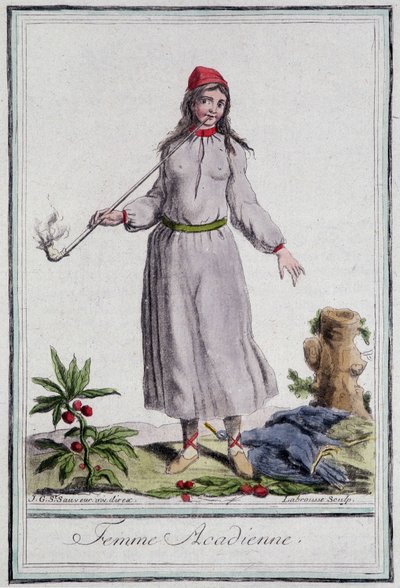 Mujer acadiana - en "Enciclopedia de Viajes" por Grasset St Sauveur, ed. 1796 de Jacques Grasset de Saint Sauveur