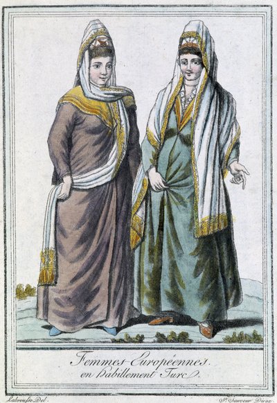 Mujeres europeas en atuendo turco - en “Encyclopédie des voyages” de Grasset Saint Sauveur, ed. París 1796 de Jacques Grasset de Saint Sauveur