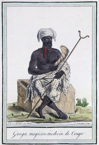Ganga, mago médico del Congo - en Encyclopédie des voyages por Grasset Saint Sauveur, ed. París 1796 de Jacques Grasset de Saint Sauveur