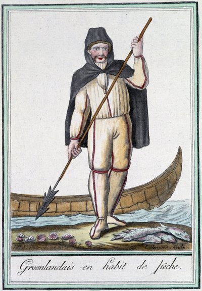 Groenlandeses en traje de pesca - en Encyclopédie des voyages por Grasset Saint Sauveur, ed. París 1796 de Jacques Grasset de Saint Sauveur