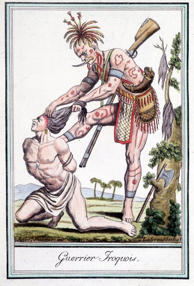 Guerrero iroqués escalpando a su enemigo - en “Encyclopedia of travels” de Grasset St Sauveur, París de Jacques Grasset de Saint Sauveur