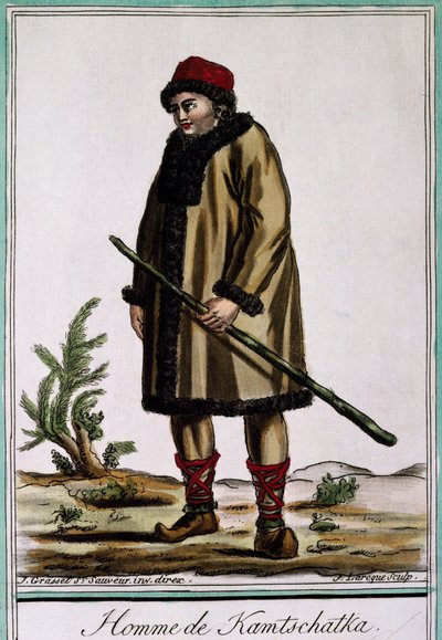 Hombre de Kamchatka, grabado en color por Laroque, Rusia de Jacques Grasset de Saint Sauveur