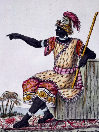 Rey de Loango, grabado en color de un dibujo de Labrousse (activo 1796), de la Enciclopedia de viajes, por Jacques Grasset de Saint-Sauveur (1757-1810) de Jacques Grasset de Saint Sauveur