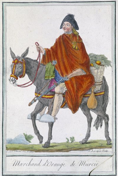 Mercader de naranjas de Murcia (España) - en "Enciclopedia de Viajes" por Grasset St Sauveur, ed. 1796 de Jacques Grasset de Saint Sauveur