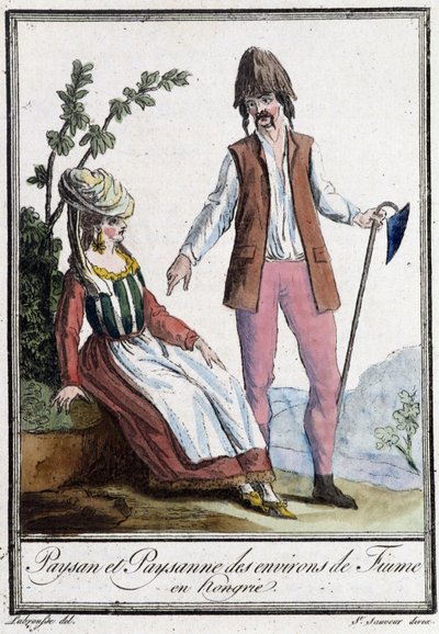 Campesino y campesina de Fiume (Croacia) - en "Enciclopedia de Viajes" por Grasset St Sauveur, ed. 1796 (grabado) de Jacques Grasset de Saint Sauveur