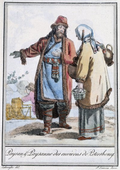 Campesino y campesina de Petersburgo - en “Encyclopedia of Travels” de Grasset St Sauveur, ed. 1796 de Jacques Grasset de Saint Sauveur